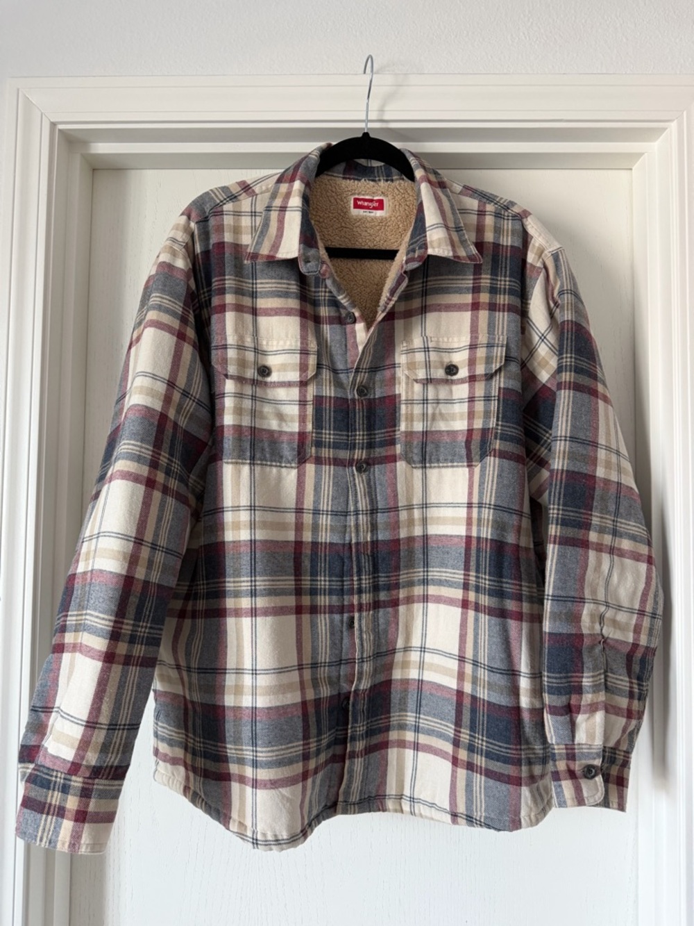 Wrangler Cream, Navy & Burgundy Plaid Sherpa-Lined Flannel Shirt